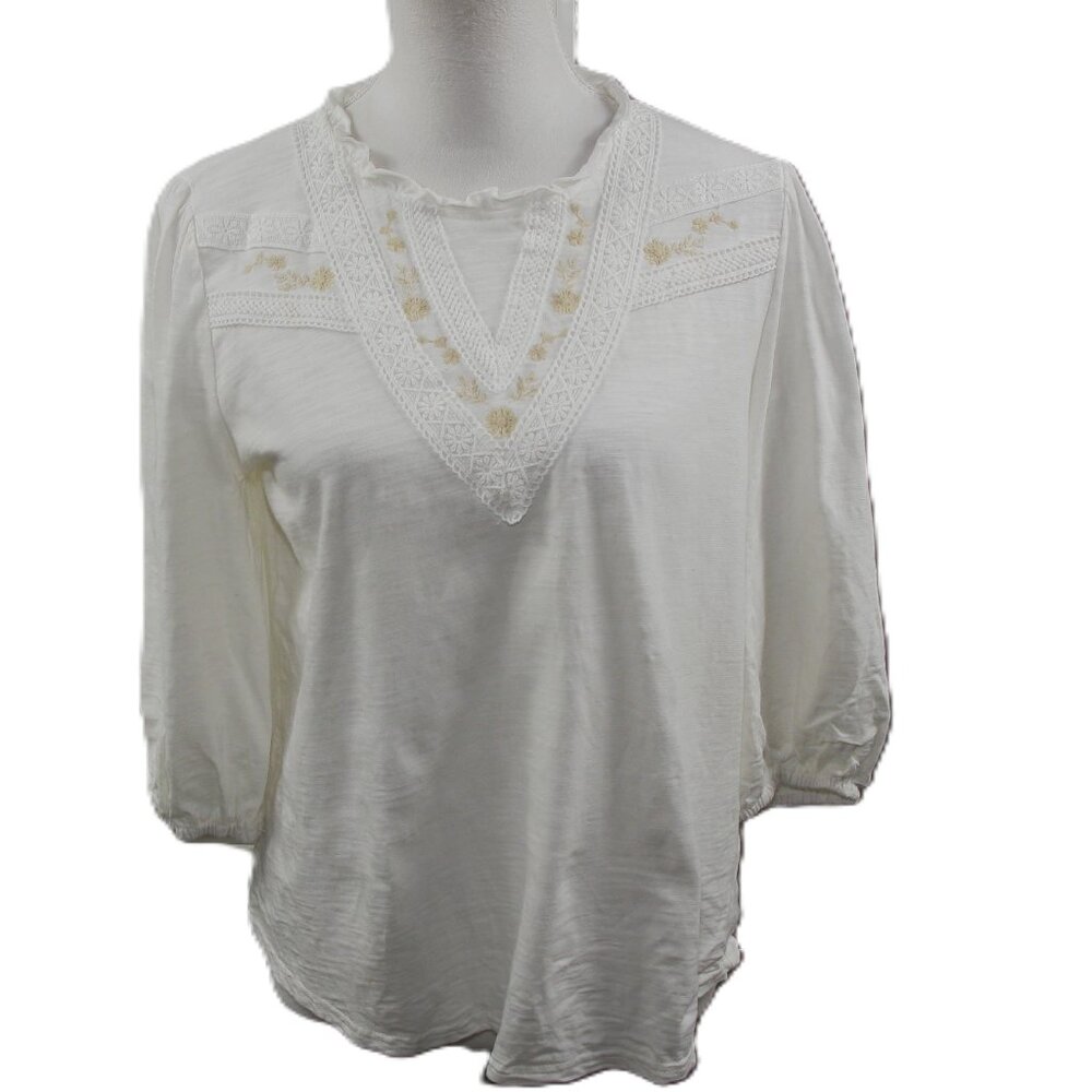 Polagram  Cream Crochet Lace Embroidered 3/4 Sleeve Knit Top Size Medium